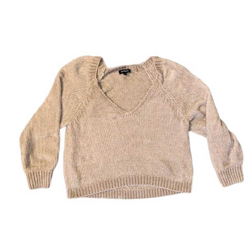 Express Women's Chenille Cream Beige Cropped V-Neck Sweater